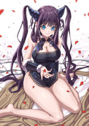 Rule 34 | 1girl, absurdres, artist name, bare shoulders, black dress, blue eyes, blunt bangs, blush, breasts, china dress, chinese clothes, cleavage, closed mouth, commentary request, dress, fate/grand order, fate (series), hair ornament, highres, kim nag-seo, large breasts, long hair, looking at viewer, no shoes, purple hair, sidelocks, smile, solo, twintails, very long hair, yang guifei (fate), yang guifei (second ascension) (fate)