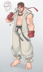 Rule 34 | 1boy, abs, barefoot, beads, beard, black hair, boxing gloves, capcom, conto, dougi, facial hair, feet, fingerless gloves, full body, gloves, headband, highres, jewelry, male focus, necklace, open clothes, ryu (street fighter), sash, solo, street fighter