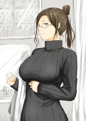 Rule 34 | 1girl, holding another&#039;s arm, breasts, brown eyes, brown hair, folded ponytail, glasses, hair ornament, hairclip, hand on own stomach, highres, jewelry, large breasts, niwatazumi, original, ribbed sweater, ring, semi-rimless eyewear, smile, solo, sweater, under-rim eyewear, upper body, wedding band, white-framed eyewear