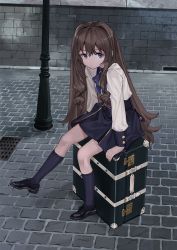 Rule 34 | 1girl, absurdres, arm support, black footwear, black socks, blue eyes, blue skirt, brick wall, brown hair, closed mouth, commentary request, crack, cracked wall, day, elisia valfelto, grate, hair between eyes, hair intakes, highres, kneehighs, lamppost, long hair, long sleeves, luicent, muted color, original, outdoors, pleated skirt, sewer grate, shirt, shoes, sitting, skirt, socks, solo, suitcase, very long hair, white shirt