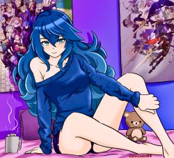 Rule 34 | barefoot, bed, bedroom, blue eyes, blue hair, blue shorts, blue sweater, blush, breasts, cup, fire emblem, fire emblem: three houses, fire emblem awakening, highres, johncaden, long hair, lucina (fire emblem), medium breasts, mug, nintendo, no bra, off shoulder, pillow, poster (object), shorts, sitting, smile, stuffed animal, stuffed toy, sweater, tagme, teddy bear
