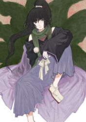 Rule 34 | 1other, adagumo no yaorochi, arm on knee, artist request, black hair, black sleeves, brown background, buttons, cape, closed mouth, coat, detached sleeves, floral print, frown, green coat, green scarf, grey eyes, hakama, hakama pants, japanese clothes, leg up, len&#039;en, long hair, long sleeves, multiple tails, pants, pom pom (clothes), protected link, purple cape, purple pants, purple trim, red scarf, sandals, scarf, side ponytail, sitting, snake tail, socks, tail, white socks, wide sleeves