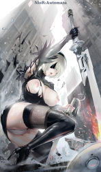 Rule 34 | 1girl, black blindfold, black dress, black hairband, blindfold, boots, breasts, building, cleavage, commentary request, covered eyes, dress, dual wielding, feather-trimmed sleeves, fishnet thighhighs, fishnets, from below, hairband, highleg, highleg leotard, highres, holding, juliet sleeves, katana, large breasts, leotard, long sleeves, maeshima shigeki, mole, mole under mouth, nier:automata, nier (series), nipples, open mouth, pink lips, pod (nier:automata), puffy sleeves, sky, sword, thighhighs, thighhighs under boots, torn clothes, vambraces, weapon, white sky, 2b (nier:automata)