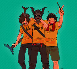 Rule 34 | 10s, 3boys, antennae, arm around shoulder, arms around neck, artist name, black hair, brown hair, drumsticks, fangs, guitar, instrument, kabutomoaki (show by rock!!), kuwagatatsuya (show by rock!!), male focus, matching outfits, mo(zu)co, multiple boys, shirt, shorts, show by rock!!, smile, striped, striped background, sunglasses, sweat, t-shirt, tentomutsumi (show by rock!!)
