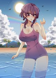 1girl, alternate breast size, artist name, bare shoulders, beach, bernadetta von varley, bird, blush, breasts, cleavage, cloud, commentary, earrings, eine (eine dx), english commentary, fire emblem, fire emblem: three houses, grey eyes, hand up, highres, jewelry, large breasts, nintendo, one-piece swimsuit, open mouth, palm tree, partially submerged, purple hair, purple swimsuit, short hair, short hair with long locks, solo, spaghetti strap, sun, swimsuit, tree