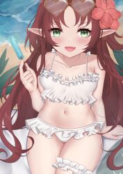 Rule 34 | 1girl, :d, arknights, arm support, bare arms, bare shoulders, beach, bikini, breasts, brown hair, collarbone, commentary request, day, eyewear on head, fang, flower, food, frilled bikini, frills, green eyes, hair flower, hair ornament, hand up, heart, heart-shaped eyewear, highres, holding, holding food, kyomu (7641), looking at viewer, myrtle (arknights), myrtle (summer flowers) (arknights), navel, open mouth, orange-framed eyewear, outdoors, parted bangs, pointy ears, popsicle, red flower, sand, sitting, small breasts, smile, solo, swimsuit, v-shaped eyebrows, water, white bikini