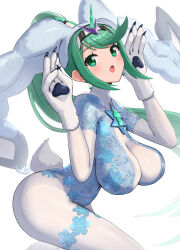 Rule 34 | 1girl, :o, animal hands, blush, bodysuit, breasts, chest jewel, cosplay, dahlia (xenoblade), dahlia (xenoblade) (cosplay), fake tail, gloves, gonzarez, green eyes, green hair, hanging breasts, highres, impossible bodysuit, impossible clothes, large breasts, long hair, paw gloves, pneuma (xenoblade), ponytail, solo, tail, very long hair, white bodysuit, xenoblade chronicles (series), xenoblade chronicles 2