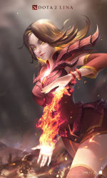 Rule 34 | 1girl, absurdres, armor, breasts, cleavage, closed mouth, dota (series), dota 2, dress, fire, highres, ja1990, lina inverse (dota 2), lips, long hair, looking at viewer, orange eyes, orange hair, pauldrons, red dress, red sleeves, red thighhighs, shoulder armor, smoke, solo, thighhighs