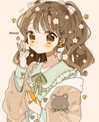 Rule 34 | 1girl, :/, absurdres, bee, bow, brown eyes, brown hair, bug, buttons, collared shirt, compact (cosmetics), earrings, english text, flower, frilled shirt collar, frills, hair bow, hair ornament, hairclip, highres, holding, holding stuffed toy, insect, jewelry, leaf hair ornament, long sleeves, looking at viewer, makeup, nagihoko, off-shoulder sweater, off shoulder, original, powder puff, raised eyebrows, ribbon, ring, shirt, sleeve bow, sleeve cuffs, solo, stuffed animal, stuffed toy, sweater, teddy bear, twintails, wavy hair, yellow blush, yellow eyes