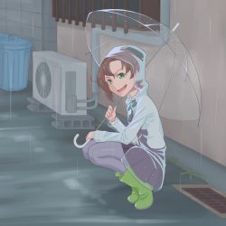 Rule 34 | 1girl, air conditioner, akigumo (kancolle), boots, brown hair, green eyes, green footwear, holding, holding umbrella, kantai collection, kito 3 tyoki-tyoki, long hair, looking at viewer, open mouth, pantyhose, purple pantyhose, rain, raincoat, rubber boots, school uniform, see-through, smile, solo, squatting, transparent, transparent umbrella, trash can, umbrella