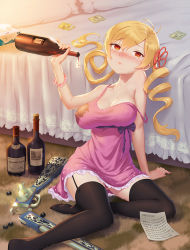 Rule 34 | 1girl, alcohol, arm support, bare shoulders, bead bracelet, beads, bed, black thighhighs, blonde hair, blush, bottle, bracelet, breasts, closed mouth, collarbone, commentary request, condom, condom wrapper, covered erect nipples, crying, crying with eyes open, dress, drill hair, drink, dripping, full body, garter straps, gun, hair ornament, hand up, indoors, jewelry, letter, lisong shen, long hair, looking at viewer, mahou shoujo madoka magica, mahou shoujo madoka magica (anime), medium breasts, musket, no bra, nose blush, off shoulder, paper, parted bangs, pillow, red eyes, rifle, short dress, sitting, solo, strap slip, tears, thighhighs, thighs, tissue, tissue box, tomoe mami, translation request, twin drills, twisted torso, underage drinking, weapon, wet, wet clothes, wet dress, wine, wine bottle, zettai ryouiki