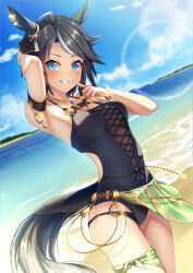 Rule 34 | 1girl, ahoge, alternate costume, animal ears, arm behind head, arm up, armband, bare shoulders, beach, belt, black hair, black one-piece swimsuit, blue eyes, blush, bracelet, breasts, chain, cloud, cowboy shot, day, dutch angle, fuji kiseki (umamusume), glint, gold chain, grin, highres, horizon, horns, horse ears, horse girl, horse tail, indoors, jewelry, lens flare, looking at viewer, multicolored hair, necklace, one-piece swimsuit, outdoors, short hair, small breasts, smile, solo, streaked hair, swimsuit, tail, tks (526tks), umamusume, water