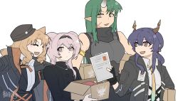 Rule 34 | 4girls, absurdres, animal ears, arknights, armband, armor, black coat, black dress, black gloves, black hairband, black headwear, black jacket, black shirt, box, breastplate, bright pupils, ch&#039;en (arknights), chinese commentary, clipboard, closed eyes, coat, collared shirt, commentary request, dress, drill hair, fang, fingerless gloves, gloves, gradient necktie, green hair, hair intakes, hairband, highres, holding, holding box, holding clipboard, horns, hoshiguma (arknights), id card, jacket, jewelry, lin (arknights), long hair, mouse ears, multiple girls, necklace, notice lines, open mouth, orange hair, pointy ears, purple eyes, purple hair, red eyes, scar, scar on face, shirt, sidelocks, simple background, single horn, skin fang, sleeveless, sleeveless shirt, smile, swire (arknights), tiger ears, twintails, upper body, white background, white pupils, white shirt, yanlingjinshilihuahua, yellow eyes