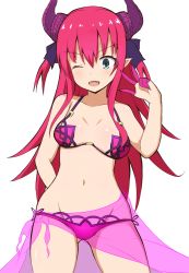 Rule 34 | 10s, 1girl, ;d, absurdres, bare arms, bare shoulders, bikini, blue eyes, blush, breasts, collarbone, commentary request, cosplay, curled horns, dragon horns, elizabeth bathory (fate), elizabeth bathory (fate/extra ccc), fang, fate/extra, fate/extra ccc, fate/grand order, fate (series), gluteal fold, hair between eyes, hair ribbon, hand up, highres, horns, long hair, looking at viewer, medium breasts, mitchi, navel, one eye closed, open mouth, pink hair, purple bikini, purple ribbon, ribbon, sarong, scathach (fate), scathach (fate/grand order), scathach (swimsuit assassin) (fate), scathach (swimsuit assassin) (fate) (cosplay), see-through, simple background, smile, solo, swimsuit, two side up, very long hair, w, white background