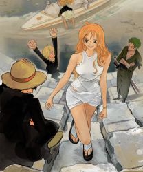 Rule 34 | :d, arms up, bag, bare shoulders, blonde hair, boat, bracelet, crossed arms, dress, feleven, green hair, hair over one eye, hat, heart, heart-shaped eyes, jewelry, long hair, monkey d. luffy, nami (one piece), one piece, open mouth, orange hair, roronoa zoro, sanji (one piece), sleeveless, smile, straw hat, usopp, walking, watercraft, white dress