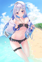 Rule 34 | 1girl, absurdres, amane kanata, amane kanata (work), angel wings, beach, beret, bikini, blue hair, colored inner hair, feathered wings, grey hair, hair ornament, hairclip, hat, highres, hololive, jacket, jacket partially removed, long hair, midriff, multicolored hair, navel, o-ring, o-ring bikini, purple eyes, rin (rin illust 0805), sand, smile, solo, swimsuit, thigh strap, two side up, virtual youtuber, water, wings