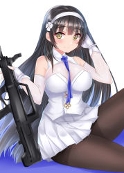 Rule 34 | 1girl, assault rifle, bad id, bad pixiv id, bare shoulders, between breasts, black hair, black pantyhose, blush, breasts, bullpup, cang se ye hua, cleavage, detached sleeves, fingerless gloves, flower, girls&#039; frontline, gloves, gun, hair flower, hair ornament, hairband, highres, large breasts, long hair, looking at viewer, pantyhose, pleated skirt, qbz-95, rifle, see-through, sitting, skirt, smile, solo, type 95 (girls&#039; frontline), very long hair, weapon, white gloves, white hairband, white skirt, yellow eyes