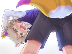 Rule 34 | 1boy, animal ears, ass, backlighting, blonde hair, blush, chokutsuu (menino), embarrassed, fox ears, fox tail, from behind, green eyes, kyuubi (youkai watch), looking back, male focus, short hair, shorts, simple background, solo, tail, vest, white background, youkai watch