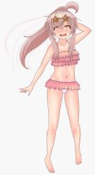 Rule 34 | 1girl, :d, ahoge, arm behind head, arm up, armpits, bare arms, bare legs, bare shoulders, barefoot, bikini, blush, brown eyes, collarbone, commentary, dot nose, eyewear on head, frilled bikini, frills, full body, gluteal fold, grey hair, groin, hair between eyes, highres, housecat573, long hair, looking at viewer, midriff, navel, nose blush, onii-chan wa oshimai!, open mouth, oyama mahiro, ponytail, simple background, smile, solo, star-shaped eyewear, star (symbol), sunglasses, swimsuit, white background, yellow-framed eyewear