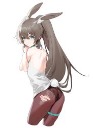 Rule 34 | 1girl, amiya (arknights), animal ears, arknights, ass, backless shirt, black panties, black pantyhose, blue eyes, cowboy shot, cropped legs, extra ears, from behind, hair between eyes, highres, long hair, looking at viewer, looking back, olys, panties, panties under pantyhose, pantyhose, ponytail, rabbit ears, rabbit girl, rabbit tail, shirt, simple background, solo, stretching, tail, thigh ring, torn clothes, torn pantyhose, underwear, very long hair, white background, white shirt