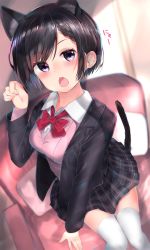 Rule 34 | 1girl, animal ears, arm support, armchair, black hair, black jacket, black skirt, blazer, blouse, blurry, blurry background, blush, bow, bowtie, breasts, cardigan, cat ears, cat girl, cat tail, chair, collared shirt, commentary request, depth of field, dutch angle, fang, head tilt, highres, jacket, long sleeves, looking at viewer, medium breasts, neku (neku draw), open clothes, open jacket, open mouth, original, paw pose, pillow, pink cardigan, plaid, plaid skirt, pleated skirt, purple eyes, red bow, red bowtie, school uniform, shirt, short hair, sitting, skirt, solo, tail, thighhighs, white shirt, white thighhighs