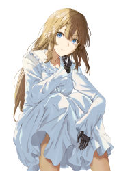 Rule 34 | 1girl, android, blue eyes, brown hair, center frills, closed mouth, collared dress, dress, feet out of frame, frilled shirt collar, frills, hair between eyes, hand up, highres, light smile, long hair, mechanical hands, mosta (lo1777789), simple background, solo, squatting, very long hair, violet evergarden, violet evergarden (series), white background, white dress