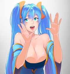 Rule 34 | 1girl, bare shoulders, blue hair, breasts, cleavage, green eyes, large breasts, league of legends, long hair, open mouth, solo, sona (league of legends), twintails, upper body