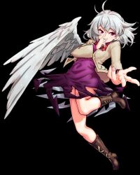 Rule 34 | 1girl, antenna hair, black background, boots, brown footwear, carbohydrate (asta4282), commentary request, dress, full body, grey hair, highres, index finger raised, kishin sagume, long sleeves, looking at viewer, purple dress, red eyes, short hair, simple background, single wing, solo, touhou, white wings, wings