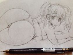 Rule 34 | 1girl, ass, bikini, blush, breast press, breasts, graphite (medium), headphones, huge ass, huge breasts, looking at viewer, monochrome, nitroplus, open mouth, plump, short hair, sketchbook, solo, super pochaco, sweat, swimsuit, traditional media, tsuji santa, twintails