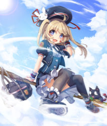Rule 34 | 0 0, 1girl, :3, :d, ahoge, bag, beret, black necktie, black skirt, black thighhighs, blonde hair, blue eyes, blue hat, blush, blush stickers, broom, broom riding, cat, center frills, cloud, collared shirt, day, eyebrows, facial mark, frills, hat, heart, heart-shaped pupils, highres, long hair, looking at viewer, necktie, open mouth, original, outdoors, over-kneehighs, pleated skirt, puffy short sleeves, puffy sleeves, school bag, school uniform, shirt, short sleeves, shorts, sidesaddle, skirt, sky, smile, solo, sora (dkssud6580), star (symbol), star facial mark, sun, symbol-shaped pupils, thighhighs, triangle mouth, twintails, white shirt, wing collar