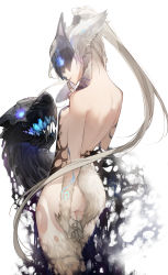 Rule 34 | 1girl, animal ears, animal hands, ass, aura, back, blue eyes, crack, cracked mask, finger to mouth, fox mask, fur, glowing, glowing eyes, glowing mouth, glowing tattoo, grey hair, highres, kindred (league of legends), lamb (league of legends), league of legends, long hair, looking at another, mask, milaria, nude, parted lips, personification, ponytail, shushing, simple background, tail, tattoo, very long hair, white background, wolf (league of legends)