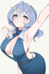 Rule 34 | 1girl, absurdres, ako (blue archive), ako (dress) (blue archive), arm up, armpits, blue archive, blue eyes, blue hair, blush, breasts, clenched hand, closed mouth, dress, evening gown, grey background, highres, large breasts, medium hair, official alternate costume, sideless dress, sideless outfit, simple background, sleeveless, sleeveless dress, solo, yagantoegeun