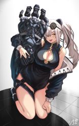 Rule 34 | 1girl, :d, absurdres, animal ears, arknights, bare shoulders, black dress, black hair, blush, breasts, china dress, chinese clothes, cleavage, cleavage cutout, clothing cutout, commentary, dress, eyewear on head, feater (arknights), highres, jeze, kneeling, large breasts, long hair, long sleeves, looking at viewer, multicolored hair, off shoulder, open mouth, panda ears, silver hair, smile, solo, streaked hair, sunglasses on head, thighs, yellow eyes