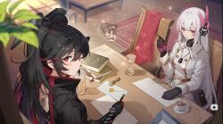 Rule 34 | artist request, black hair, book, book stack, cat, chair, coffee cup, cup, disposable cup, dog tags, envelope, gloves, highres, horns, hourglass, liv: eclipse (punishing: gray raven), liv (punishing: gray raven), long hair, looking at viewer, looking back, lucia: plume (punishing: gray raven), lucia (punishing: gray raven), mechanical parts, official art, pen, plant, punishing: gray raven, rug, sunlight, table, wax seal
