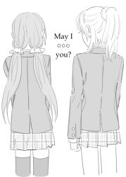 Rule 34 | 10s, 2girls, ayase eli, back, blazer, english text, fio88, from behind, greyscale, hair ornament, jacket, long hair, love live!, love live! school idol project, low twintails, monochrome, multiple girls, plaid, plaid skirt, pleated skirt, ponytail, school uniform, scrunchie, short hair, skirt, standing, thighhighs, title, tojo nozomi, twintails, very long hair, white background, zettai ryouiki