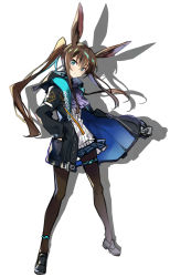 Rule 34 | 1girl, amiya (arknights), animal ears, arknights, black footwear, black jacket, blue skirt, brown hair, brown pantyhose, center frills, closed mouth, commentary request, drop shadow, frills, full body, green eyes, hair between eyes, hand in pocket, hayakawa harui, head tilt, highres, jacket, loafers, long hair, looking at viewer, open clothes, open jacket, pantyhose, pleated skirt, rabbit ears, shirt, shoes, skirt, solo, standing, very long hair, white background, white shirt