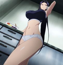 Rule 34 | 10s, 1girl, black hair, breasts, cellphone, female focus, from below, highres, large breasts, long hair, monster musume no iru nichijou, ms. smith, navel, panties, phone, screencap, smartphone, solo, standing, stitched, tank top, third-party edit, underwear