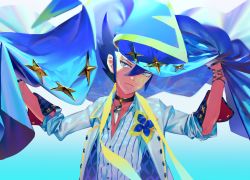 Rule 34 | 1boy, black choker, blue background, blue eyes, blue hair, buttons, choker, closed mouth, commentary request, creatures (company), frown, game freak, gradient background, grimsley (pokemon), grimsley (sygna suit) (pokemon), gyakumushi, hair between eyes, hands up, holding, jacket, looking to the side, male focus, nintendo, official alternate costume, pokemon, pokemon masters ex, shirt, short hair, solo, spiked hair, upper body, w arms, white jacket, white shirt