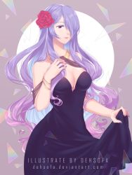Rule 34 | 1girl, alternate costume, bare shoulders, bracelet, breasts, camilla (fire emblem), cleavage, deh sofa, dress, fire emblem, fire emblem fates, fire emblem heroes, flower, formal, hair flower, hair ornament, hair over one eye, hand on own chest, highres, holding, holding clothes, holding skirt, jewelry, large breasts, lips, long hair, multicolored hair, nail polish, necklace, nintendo, pink lips, purple dress, purple eyes, purple hair, purple nails, skirt, sleeveless, solo, strapless, wavy hair