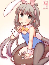 Rule 34 | 1girl, alternate costume, animal ears, artist logo, bare shoulders, blue leotard, blush, bokukawauso, bow, bowtie, brown background, brown pantyhose, covered navel, dated, detached collar, fake animal ears, gradient background, green eyes, grey hair, kanon (kurogane knights), kantai collection, leotard, long hair, looking at viewer, mikura (kancolle), one-hour drawing challenge, otter, pantyhose, playboy bunny, rabbit ears, strapless, strapless leotard, stuffed toy, traditional bowtie, twintails, wrist cuffs