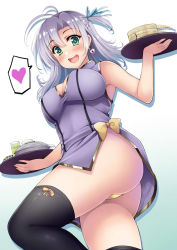 Rule 34 | 10s, 1girl, :d, alternate costume, armpits, ass, bamboo steamer, bare arms, bare shoulders, black thighhighs, blush, bowl, breasts, china dress, chinese clothes, cleavage, cleavage cutout, clothing cutout, dress, earrings, glass, green eyes, hair ribbon, heart, heart earrings, holding, holding tray, jewelry, kantai collection, kinugasa (kancolle), kinugasa kai ni (kancolle), kusano (torisukerabasu), large breasts, long hair, one side up, open mouth, ribbon, short dress, silver hair, smile, solo, spoken heart, thighhighs, tray