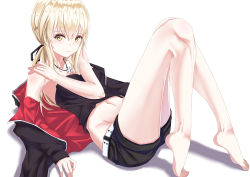 Rule 34 | 1girl, absurdres, artoria pendragon (all), artoria pendragon (fate), bare shoulders, barefoot, black jacket, blonde hair, blush, fate/grand order, fate (series), feet, highres, jacket, jewelry, legs, long hair, looking at viewer, necklace, saber (fate), saber alter, toes, yellow eyes