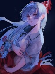 Rule 34 | 1girl, absurdres, breasts, chromatic aberration, commentary request, dark background, eneshi, floating hair, fujiwara no mokou, grey hair, hair behind ear, hair ribbon, highres, long hair, looking at viewer, medium breasts, multi-tied hair, nose, pants, parted lips, red eyes, red pants, ribbon, simple background, solo, swept bangs, teeth, torn clothes, touhou, tress ribbon, very long hair, wing collar