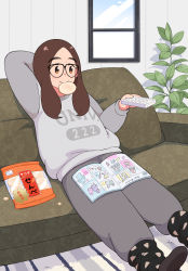 Rule 34 | 1girl, absurdres, aragon honnin, arm behind head, arm up, blush, brown eyes, brown hair, closed mouth, controller, food in mouth, freckles, grey pants, grey sweater, highres, holding, holding remote control, indoors, long hair, long sleeves, looking away, original, pants, parted bangs, plant, potted plant, remote control, sitting, smile, solo, sweater, sweatpants, window