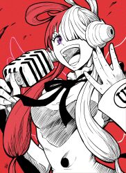 Rule 34 | 1girl, absurdres, breasts, commentary request, hair over one eye, hair rings, headphones, highres, holding, holding microphone, liedein, medium breasts, microphone, monochrome, multicolored hair, one piece, one piece film: red, open mouth, purple eyes, red background, red hair, signature, sleeves past wrists, smile, solo, split-color hair, spot color, two-tone hair, upper body, uta (one piece)