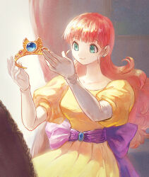 Rule 34 | 1girl, blue eyes, blue gemstone, breasts, closed mouth, curly hair, dragon quest, dragon quest i, dress, earrings, elbow gloves, gem, gloves, hands up, holding tiara, indoors, jewelry, long hair, medium breasts, orange hair, princess, princess laura, puffy sleeves, purple ribbon, ribbon, sash, short sleeves, sitting, smile, solo, tiara, white gloves, yellow dress, yuza