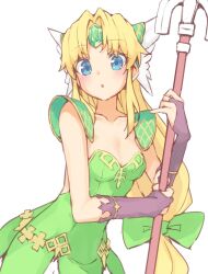 Rule 34 | 1girl, :o, armor, blonde hair, blue eyes, bow, breasts, bridal gauntlets, cleavage, collarbone, cowboy shot, crystal, dress, green bow, green dress, hair bow, hair intakes, hair ornament, hand up, highres, holding, holding staff, leaning forward, light blush, long hair, low-tied long hair, nokita (pinmisil), open mouth, parted bangs, pauldrons, raised eyebrows, riesz, seiken densetsu, seiken densetsu 3, shoulder armor, sidelocks, simple background, small breasts, solo, staff, very long hair, white background