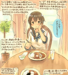Rule 34 | 10s, 1girl, black hair, bow, braid, brown eyes, colored pencil (medium), cup, curry, curry rice, dated, drinking glass, eating, egg, food, hair bow, hand on own cheek, hand on own face, isonami (kancolle), kantai collection, kirisawa juuzou, long hair, looking at viewer, numbered, personification, rice, salad, school uniform, serafuku, short sleeves, skirt, solo, spoon, traditional media, translation request, twitter username