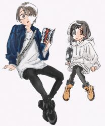 Rule 34 | 1boy, 1girl, :o, alternate costume, alternate hairstyle, arm support, bag, black eyes, black hair, black pants, black pantyhose, blue jacket, book, casual, commentary request, fashion, full body, glasses, hair down, hand up, highres, hiyama kiyoteru, holding, holding book, hood, hood down, hoodie, invisible chair, jacket, kaai yuki, knees apart feet together, knees together feet apart, long hair, long sleeves, looking at viewer, nata shelf, open clothes, open jacket, pants, pantyhose, raised eyebrows, shoes, shoulder bag, sitting, vocaloid, white hoodie