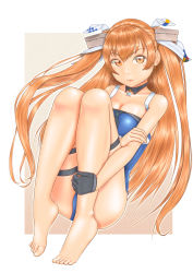 Rule 34 | 1girl, black gloves, blue one-piece swimsuit, border, breasts, casual one-piece swimsuit, cleavage, gloves, hair ornament, highres, johnston (kancolle), kantai collection, long hair, looking at viewer, medium breasts, one-piece swimsuit, orange eyes, orange hair, pink background, single glove, sitting, solo, swimsuit, two-tone background, two side up, uzuki mei, white border